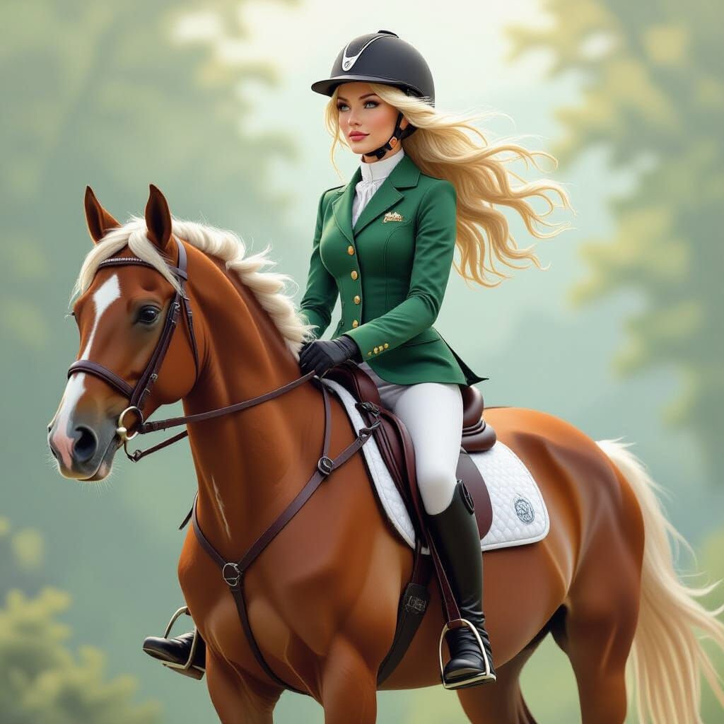 Blonde Elf Woman Riding Horse in Fantasy Art Style