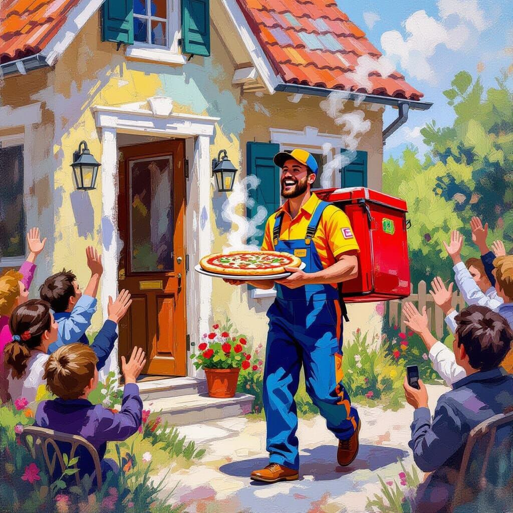 Jubilant Crowd Cheers Pizza Delivery in Gouache Style