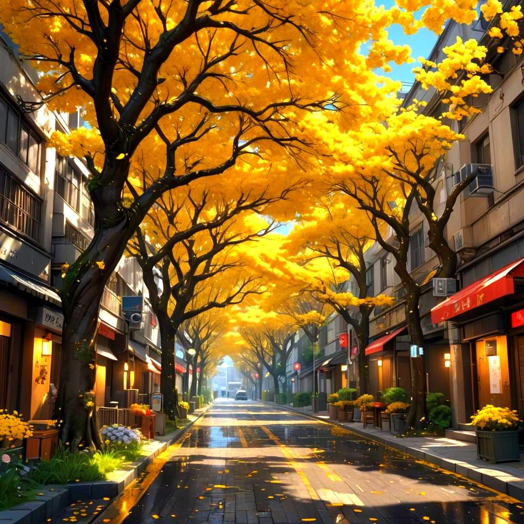 Golden Flowers Shower a Trees Street in Anime Art