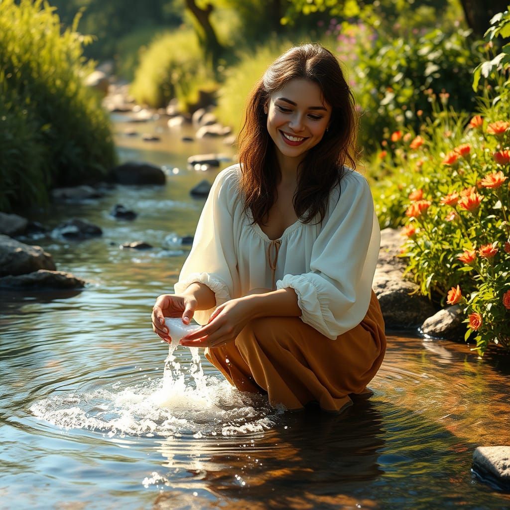 Serene Woman Washes Clothing in Crystal Clear Stream