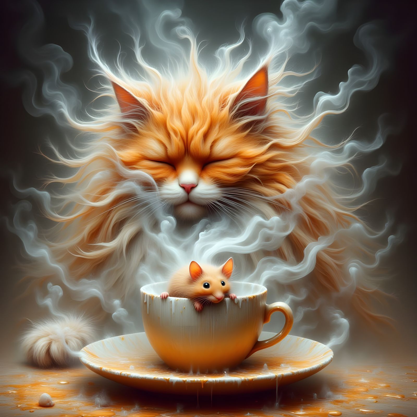 Orange Cat Observes Mouse in Smoky Coffee Cup