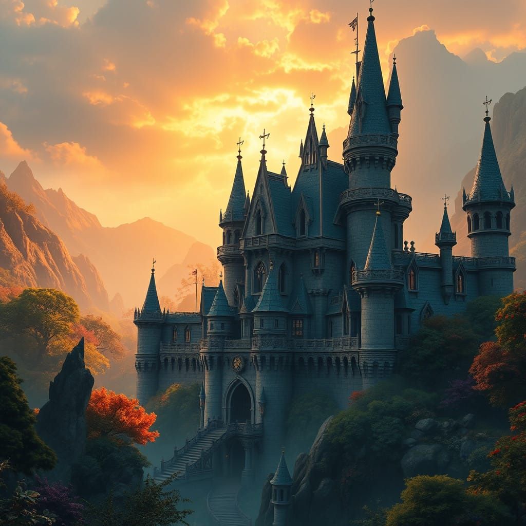 Mystical Castle Amidst Whimsical Landscape