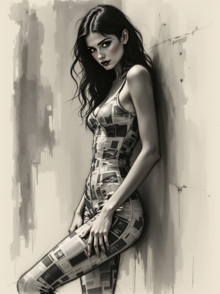 Confident Woman in Charcoal and Newspaper