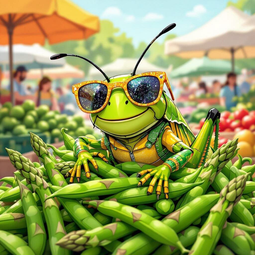 Cartoon Grasshopper Hiding at Farmer's Market in Whimsical S...