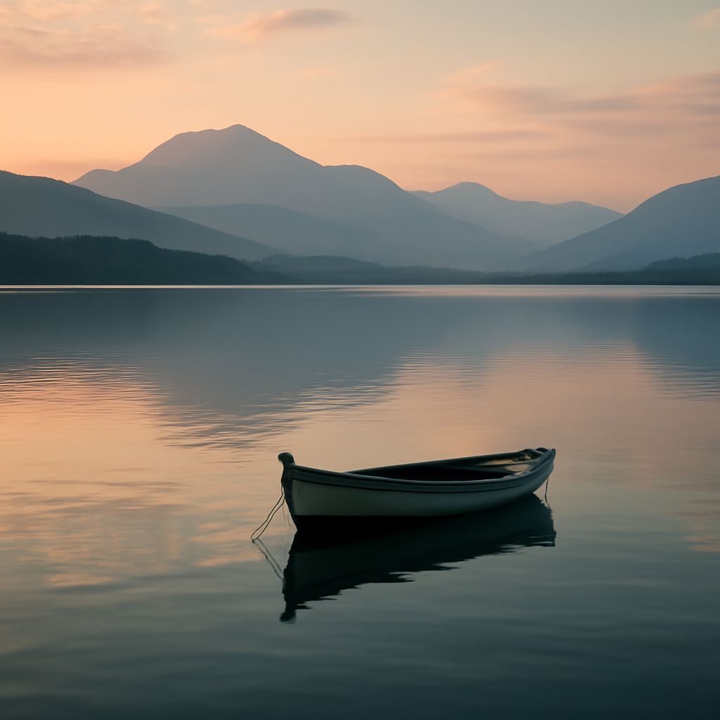 Lone Boat Drifting on a Misty Lake