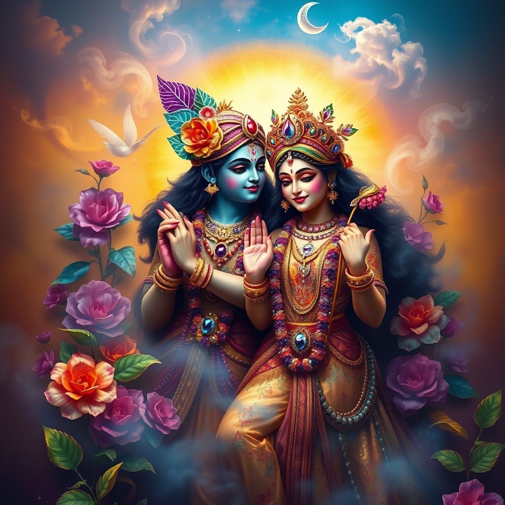 Dreamy Radha Krishna in Vibrant, Mystical Landscape