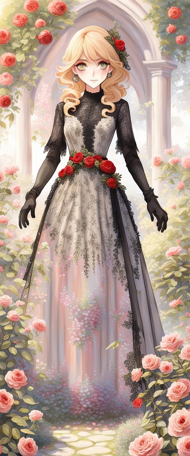 Girl in Lace Gown with Roses in Pastel Garden