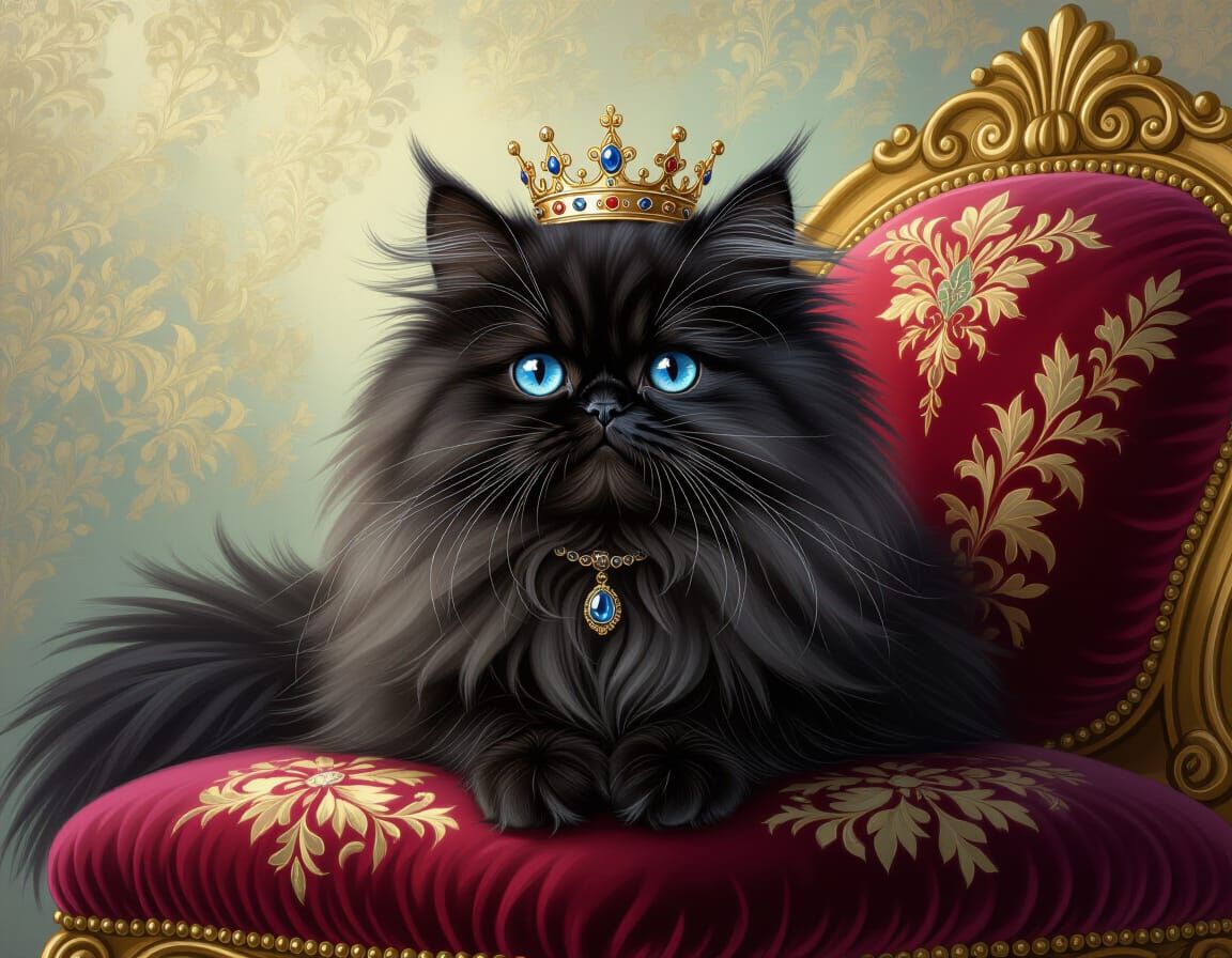 Regal Black Persian Cat with Crown, Hyperrealistic Render