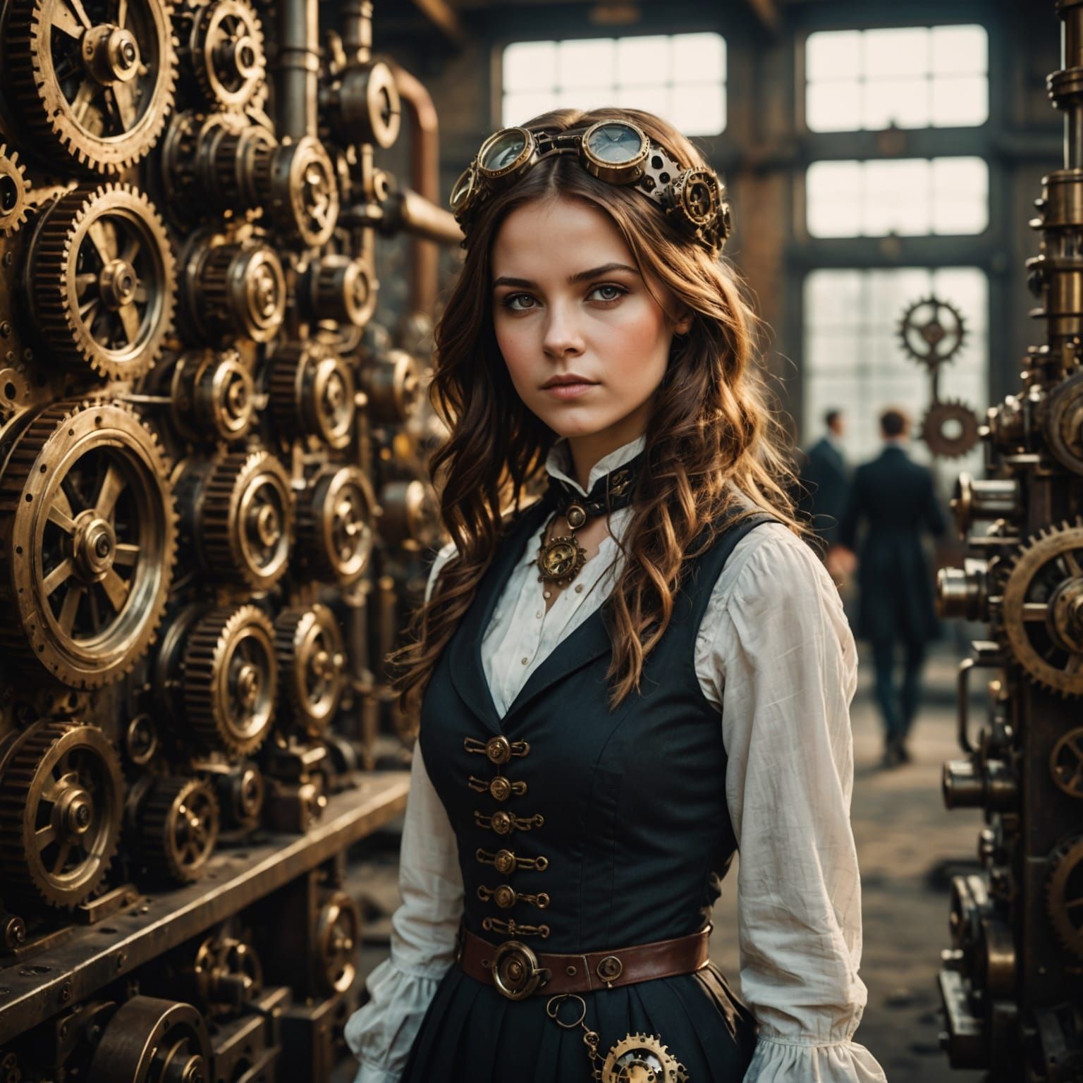 Steampunk Girl in Gear Factory with Bokeh