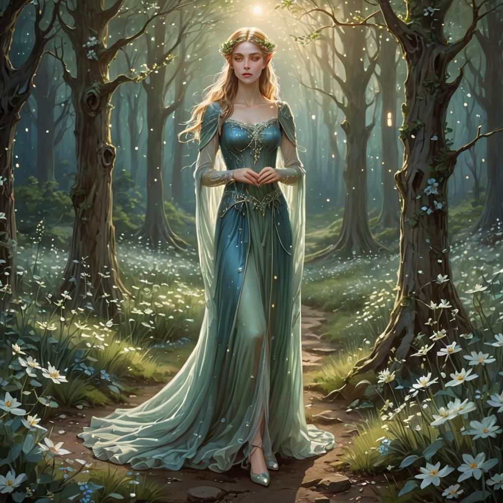 Elven Princess in Moonlit Forest: Ethereal Illustration