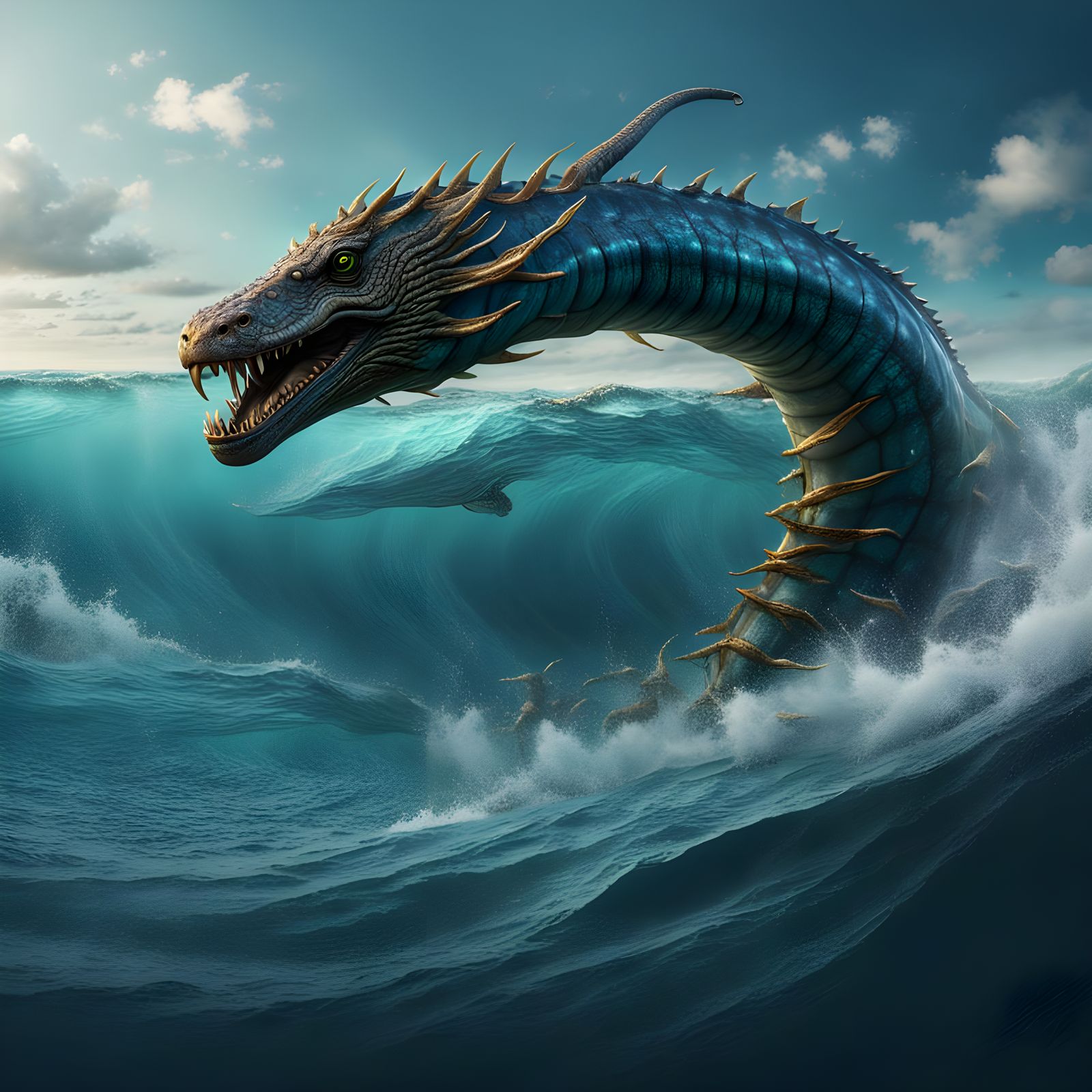 Sea Serpent Swimming to Beach, Detailed Matte Painting