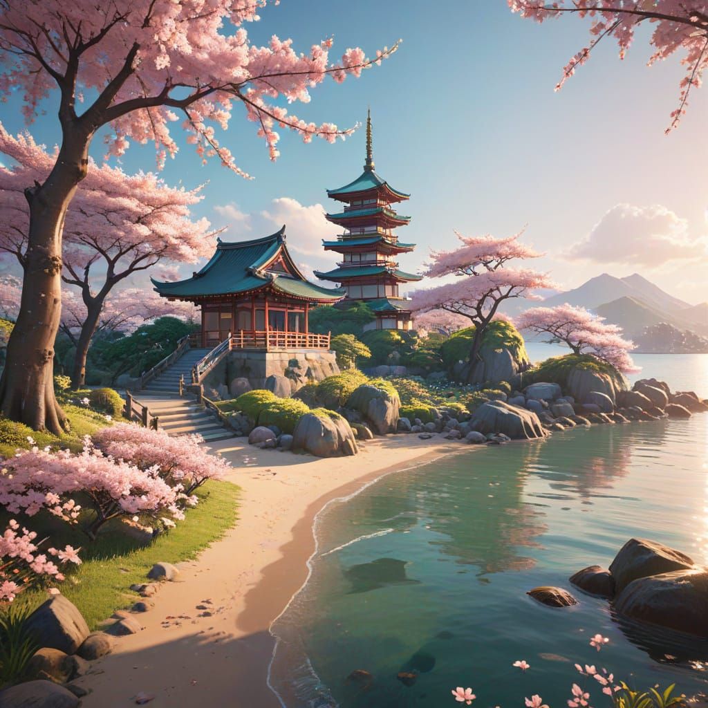 Sakura Garden on Ocean Shore: 3D Anime Art