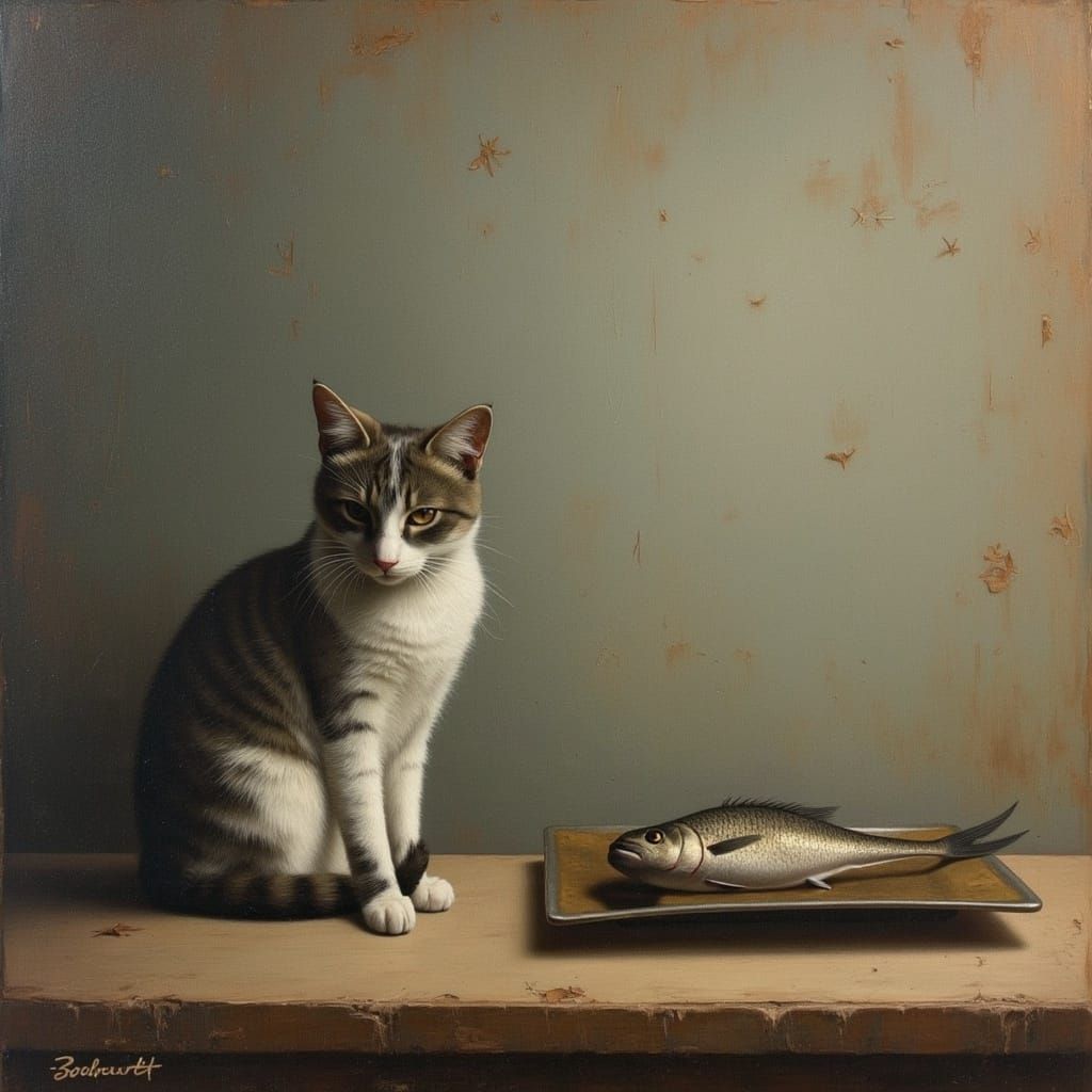 Quirky Cat Gazing at Fish on Plate