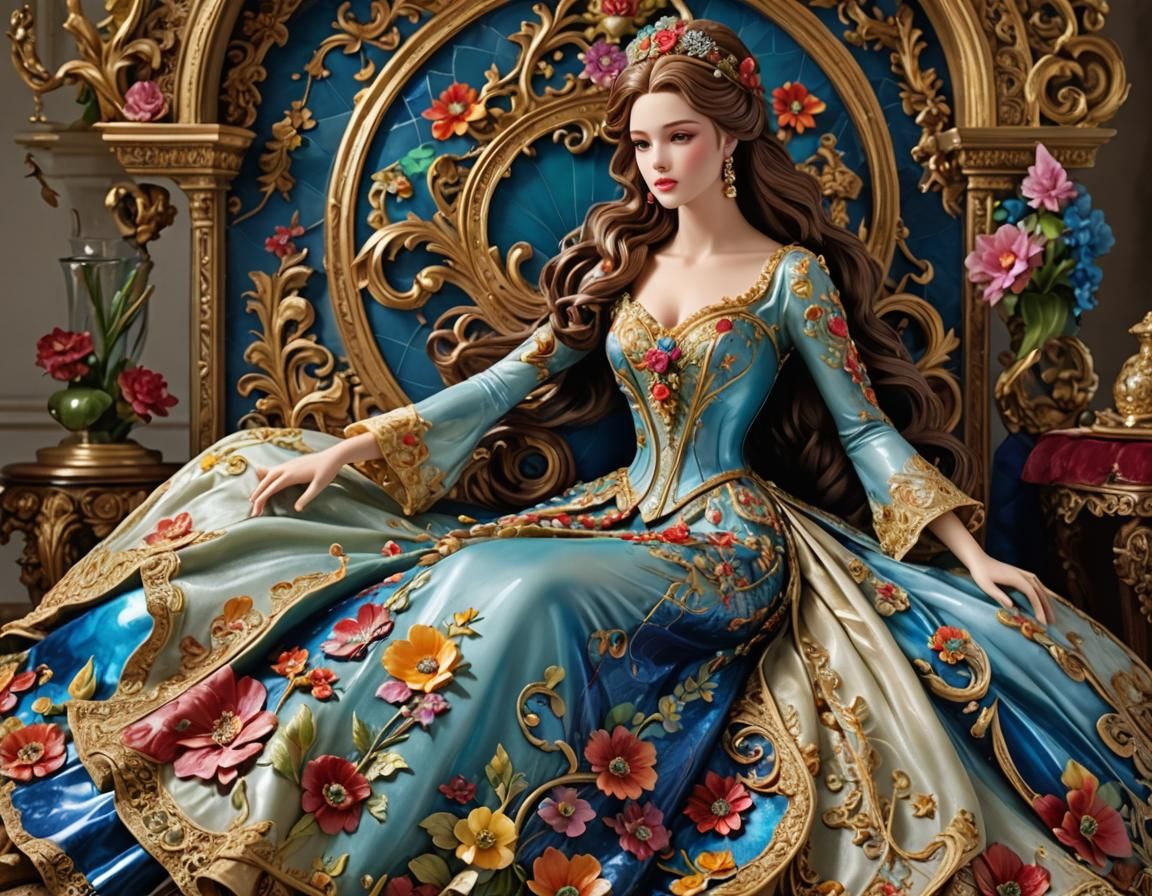 Glass Woman in Ornate Setting with Floral Gown