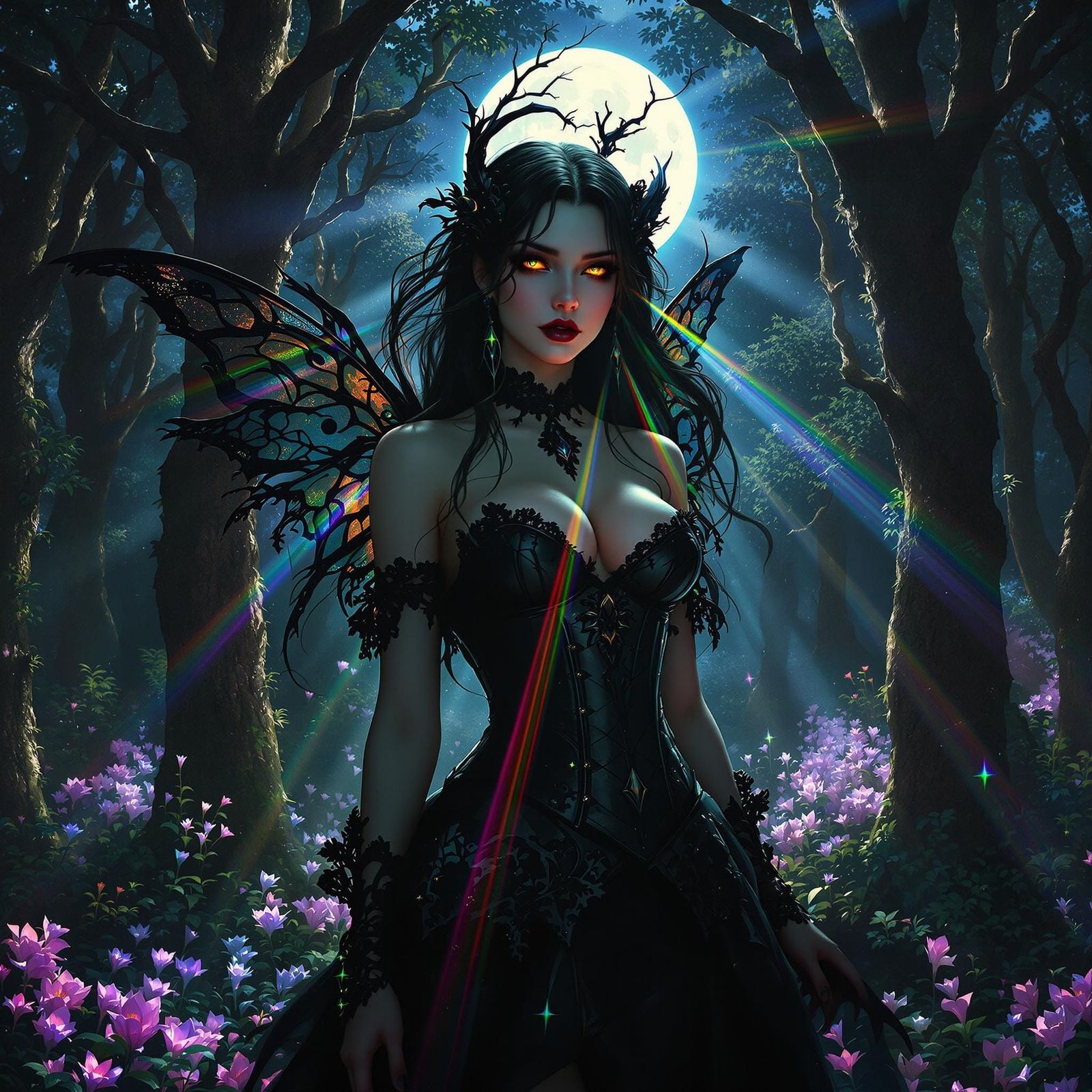 Gothic Fairy in Moonlit Forest, Art Nouveau Style