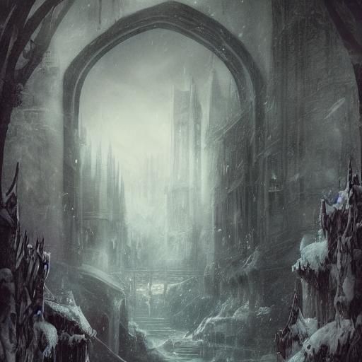 Sorrowful Snowy Landscape at Night, Detailed Matte Painting