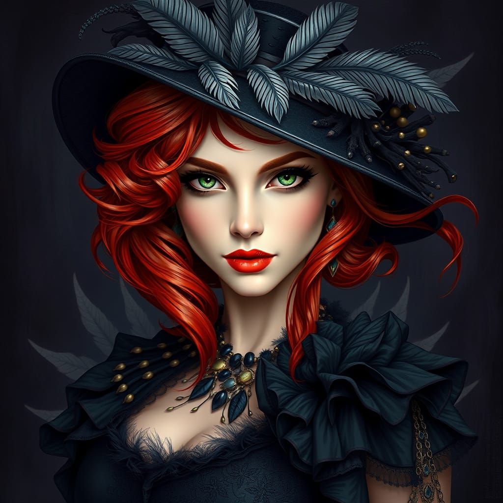 A photo of a  beautiful woman, wearing a  black hat adorned ...