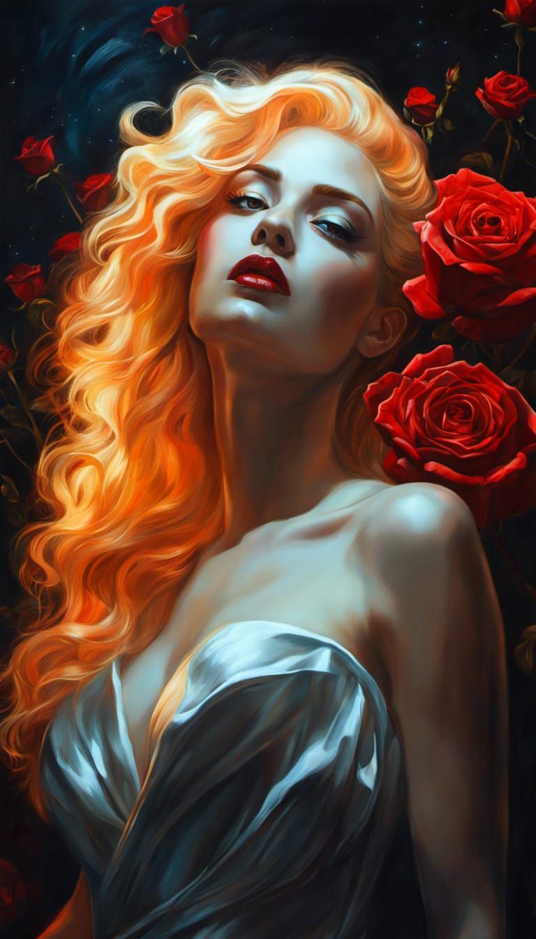 Sci-Fi Baroque Woman with Roses in Gold and Red