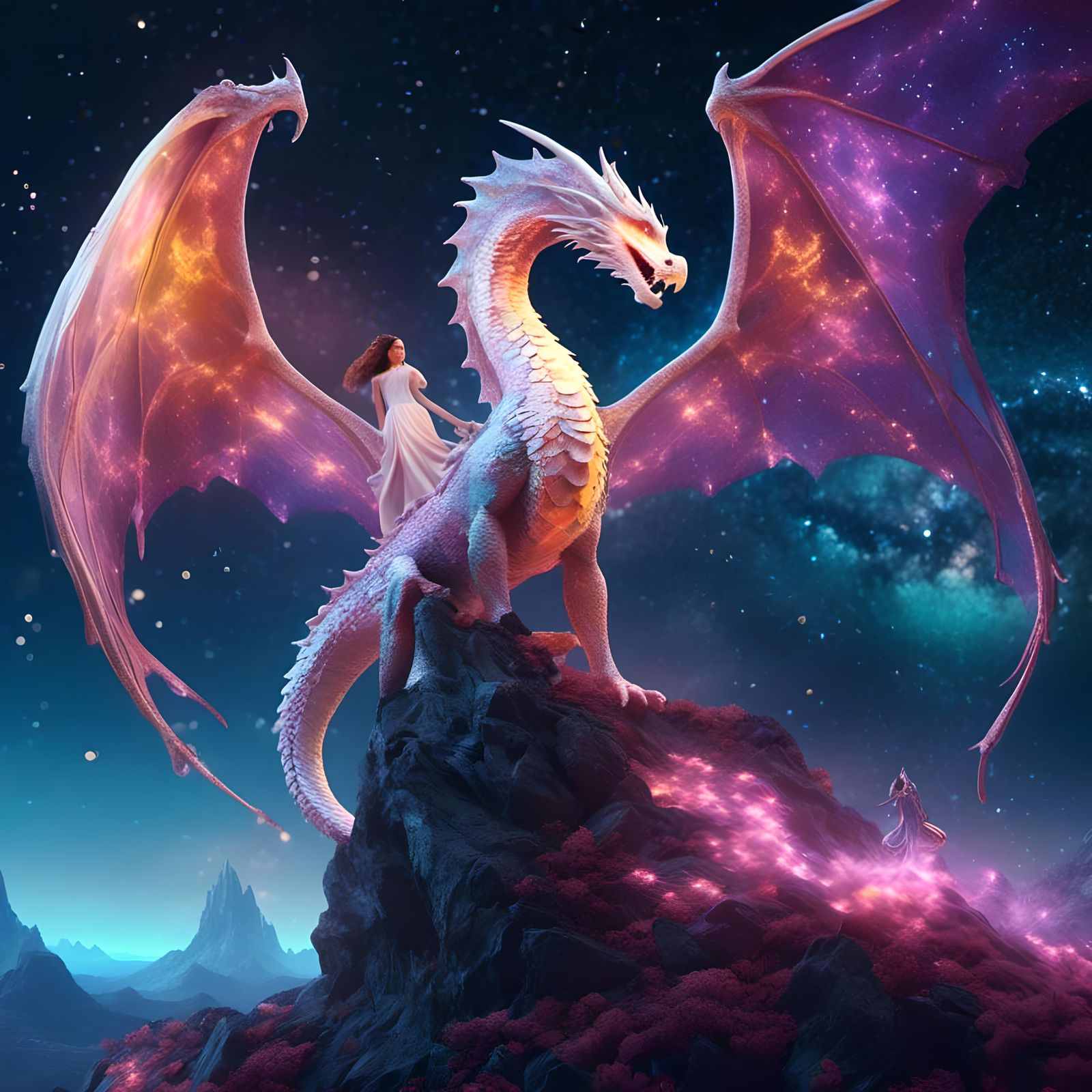 Fairy and Dragon Chat in Galaxy, Digital Art