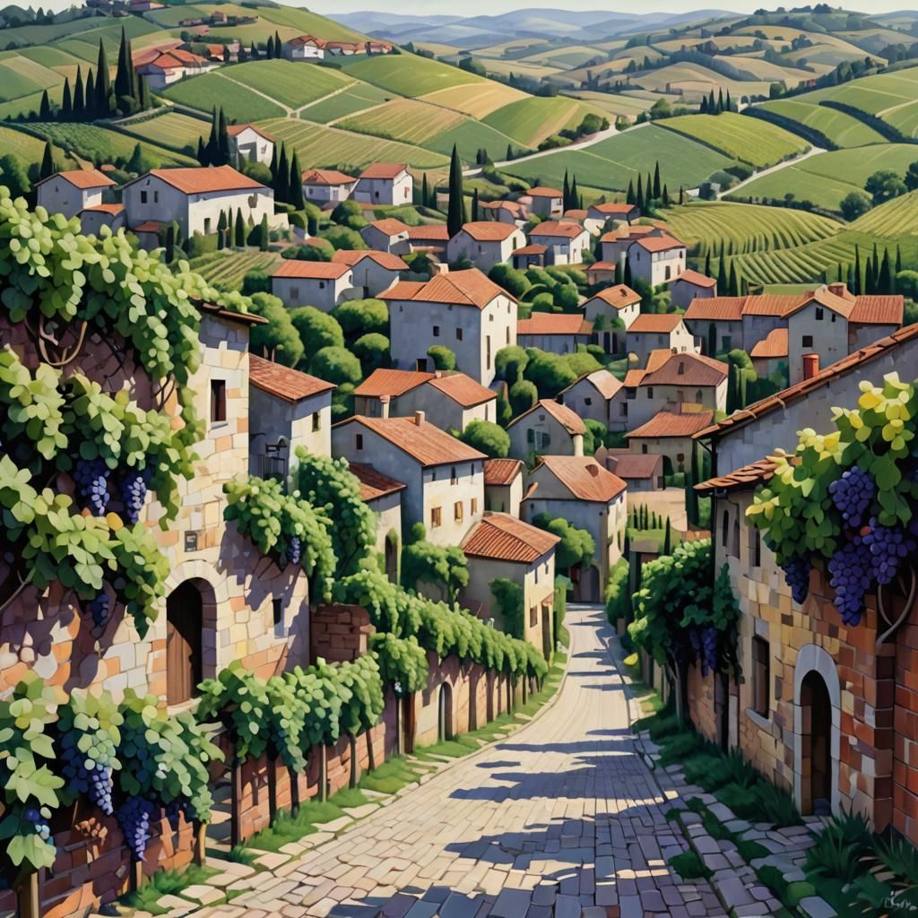 Vineyard Village in Abstract Expressionist Style
