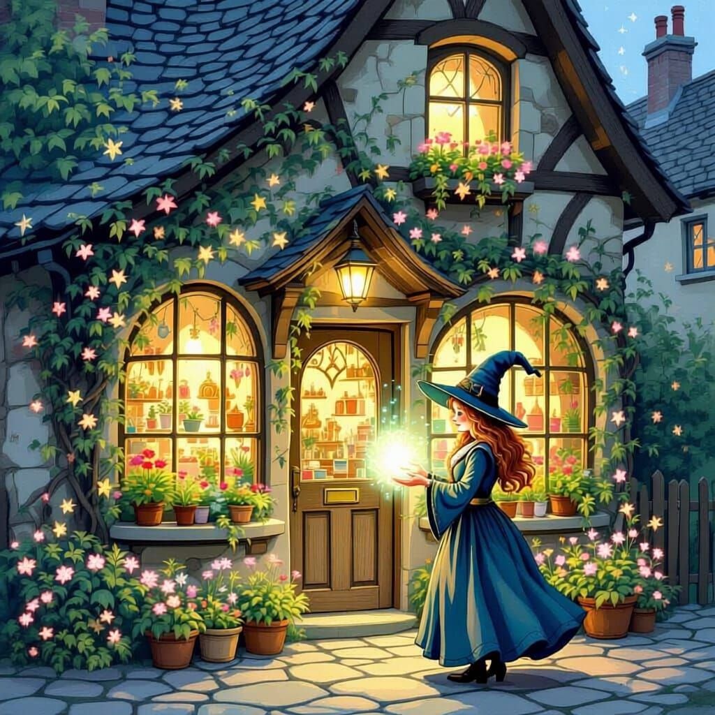 Mystical Witch Growing Plants Outside Unique Shop