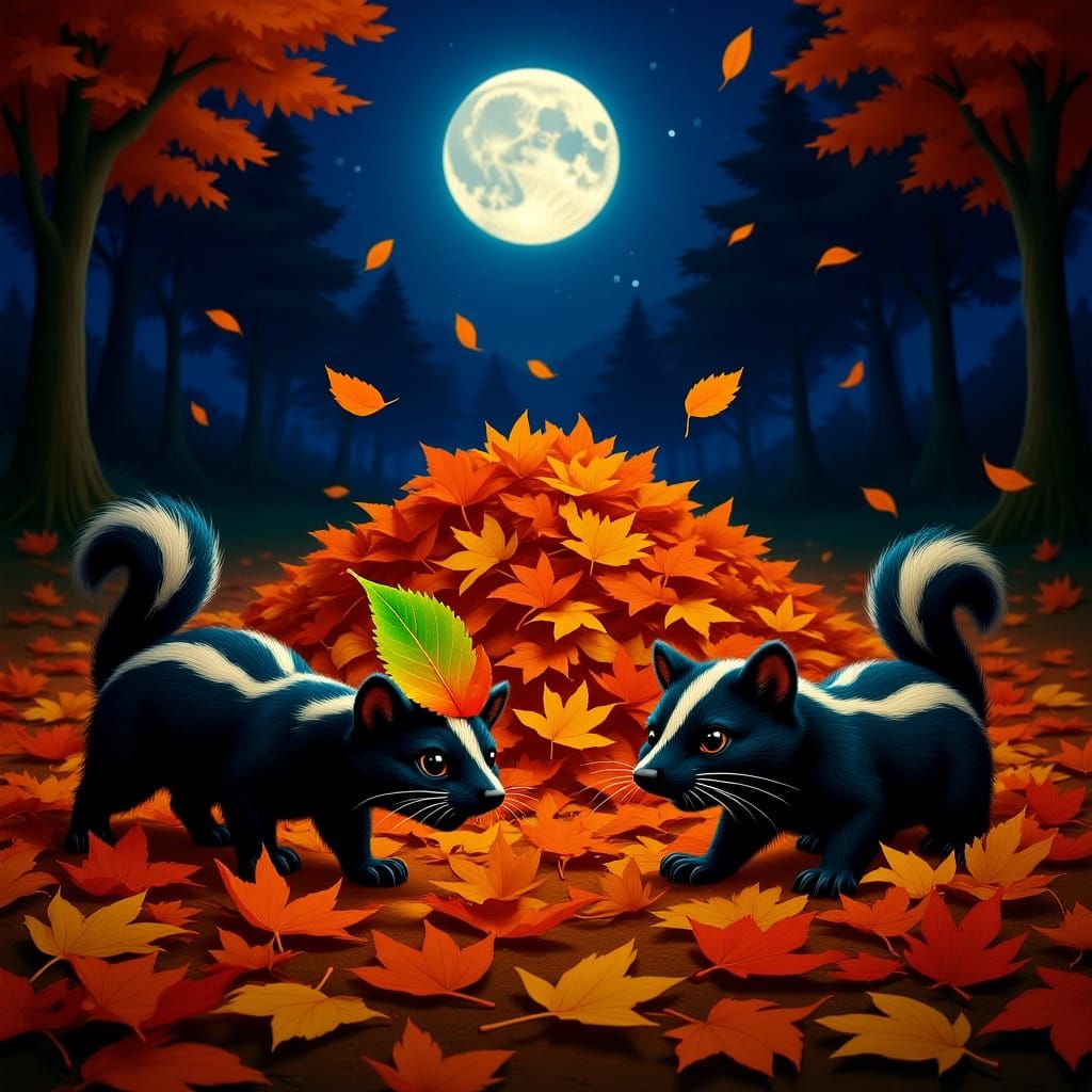 Skunks Play in Autumn Leaves Under Moonlight