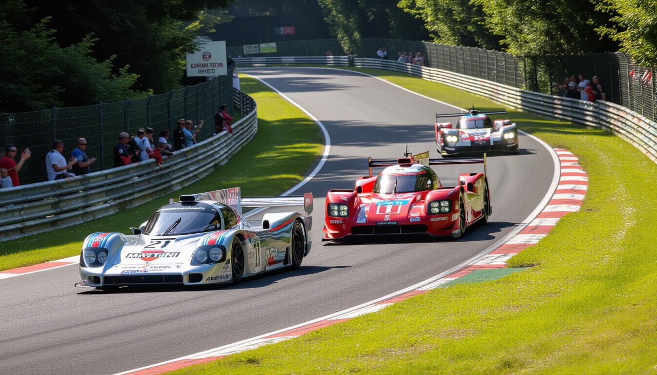 Porsche Race Cars Battle at Spa in Neo-Impressionist Style