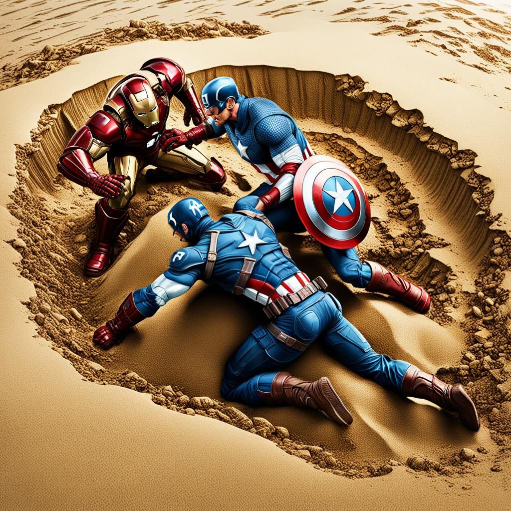 Captain America Buries Iron Man in Beach Sand