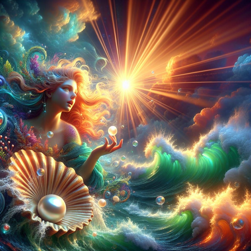 Mermaid in Stormy Sea with Pearl, as 3D Digital Art
