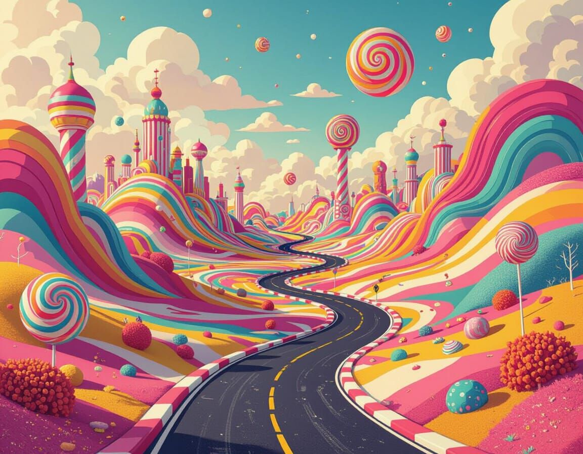 Vibrant Candy Landscape With Swirling Shapes
