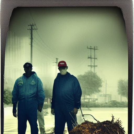Garbage men in uniform overalls in an overgrown street
