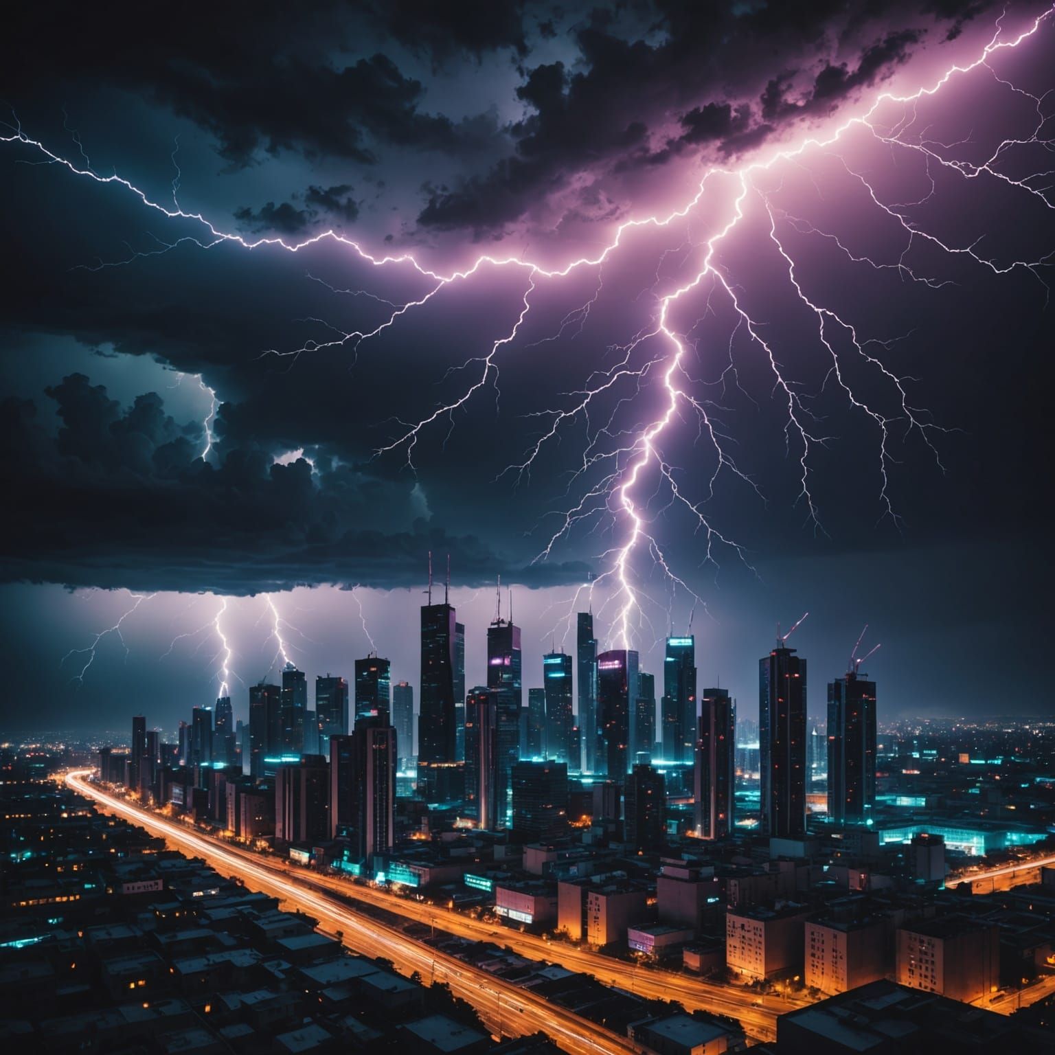 Neon Lightning Illuminates Futuristic Cityscape