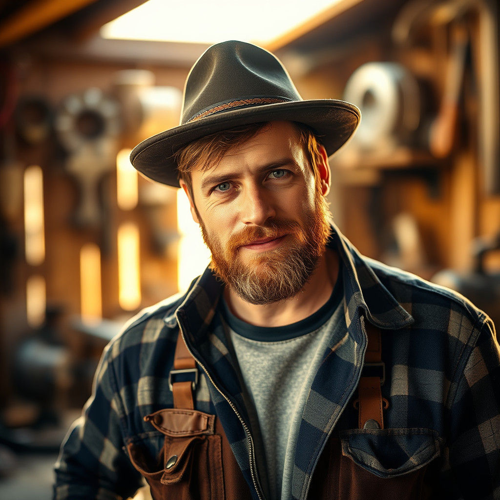 Charismatic Jack-of-All-Trades in Rustic Workshop