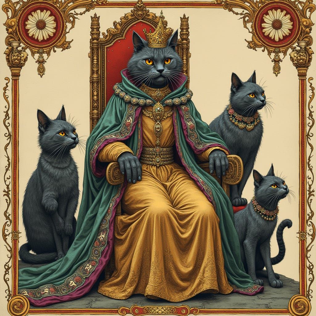 Medieval Feline Monarch in Ancient Illuminated Manuscript Ar...