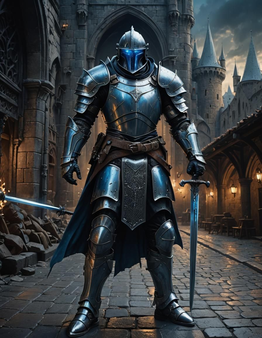 Armored Knight in Dark Gallery, Detailed Matte Painting