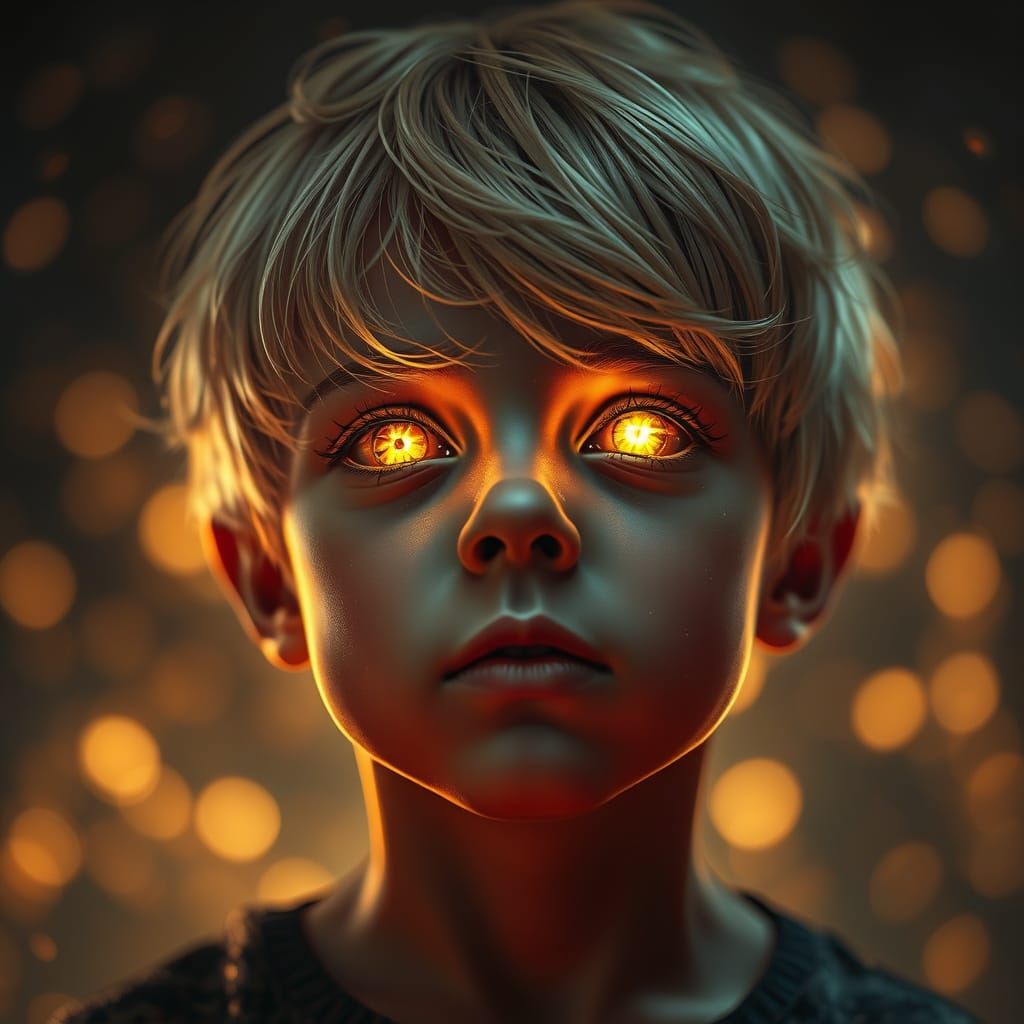 Sinister Boy Portrait with Fiery Eyes and Golden Accents
