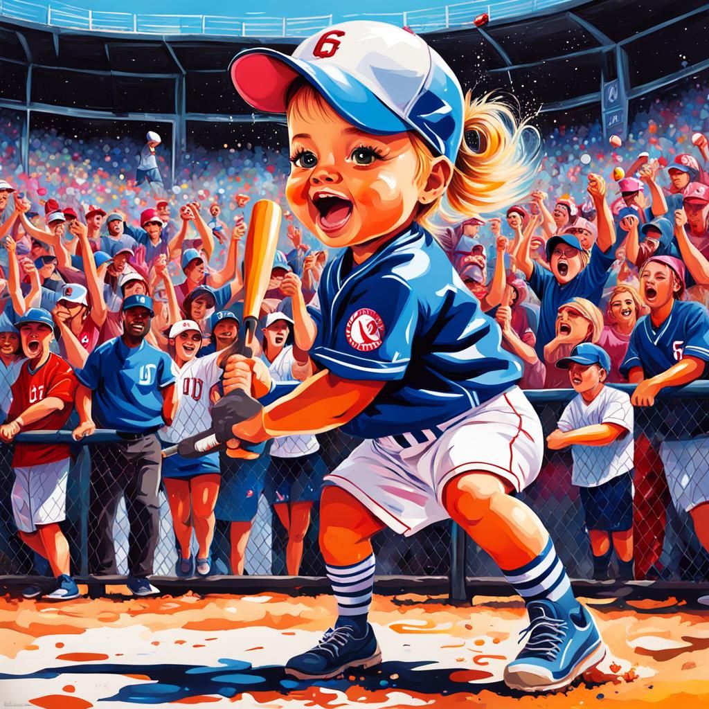 A little baby girl is playing baseball