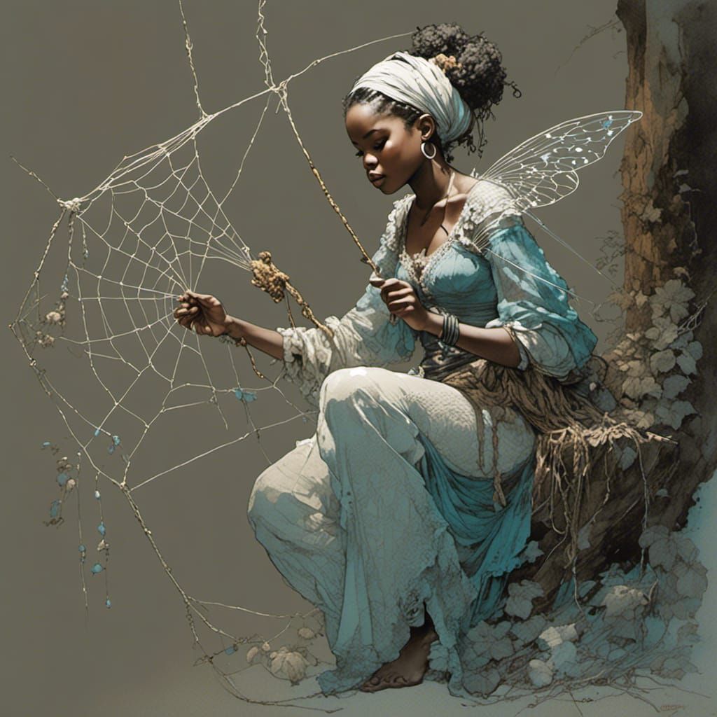 Cute Fairy Repairs Icy Spiderweb in Sketch Art