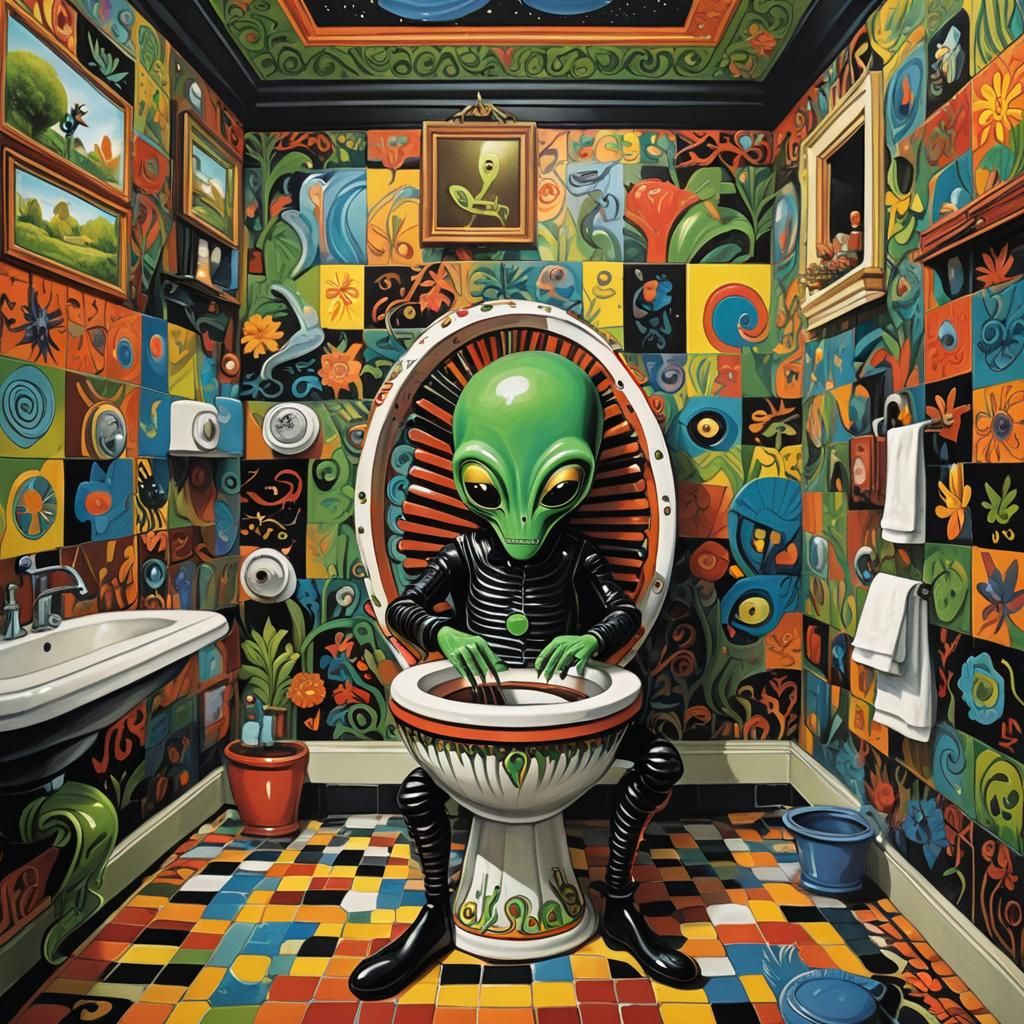 Alien Accordionist in Naive Art Style Bathroom