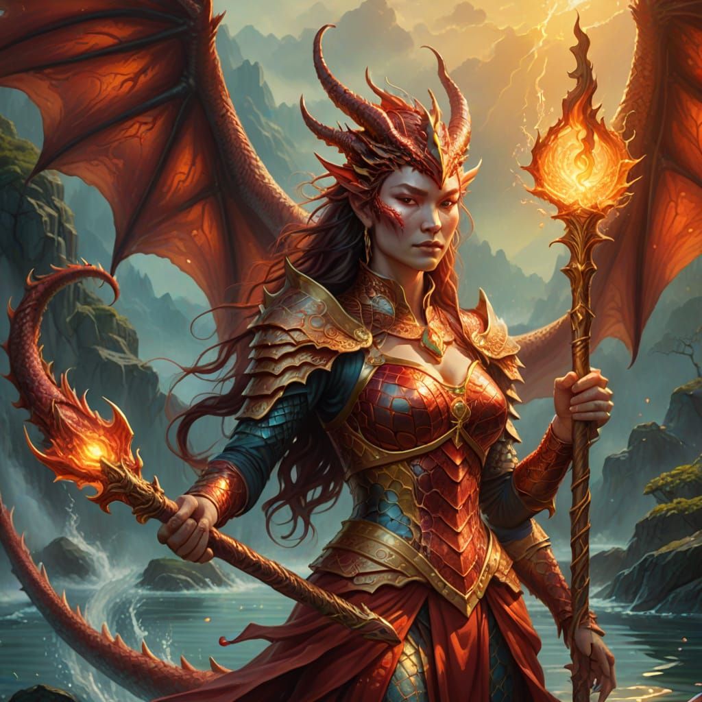 Dragon Priestess Commands with Staff: Oil Painting