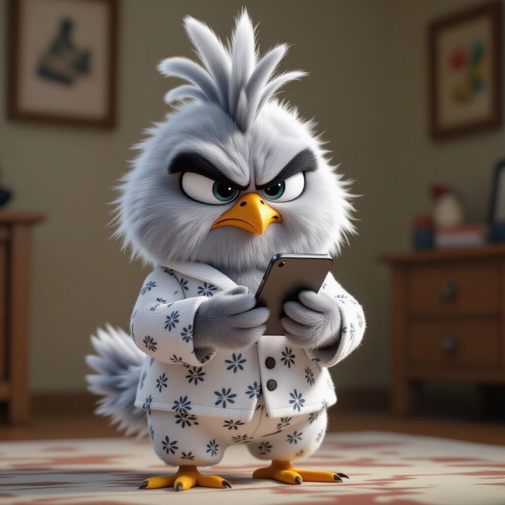 Angry Chicken in Pajamas with Smartphone, Pixar Style