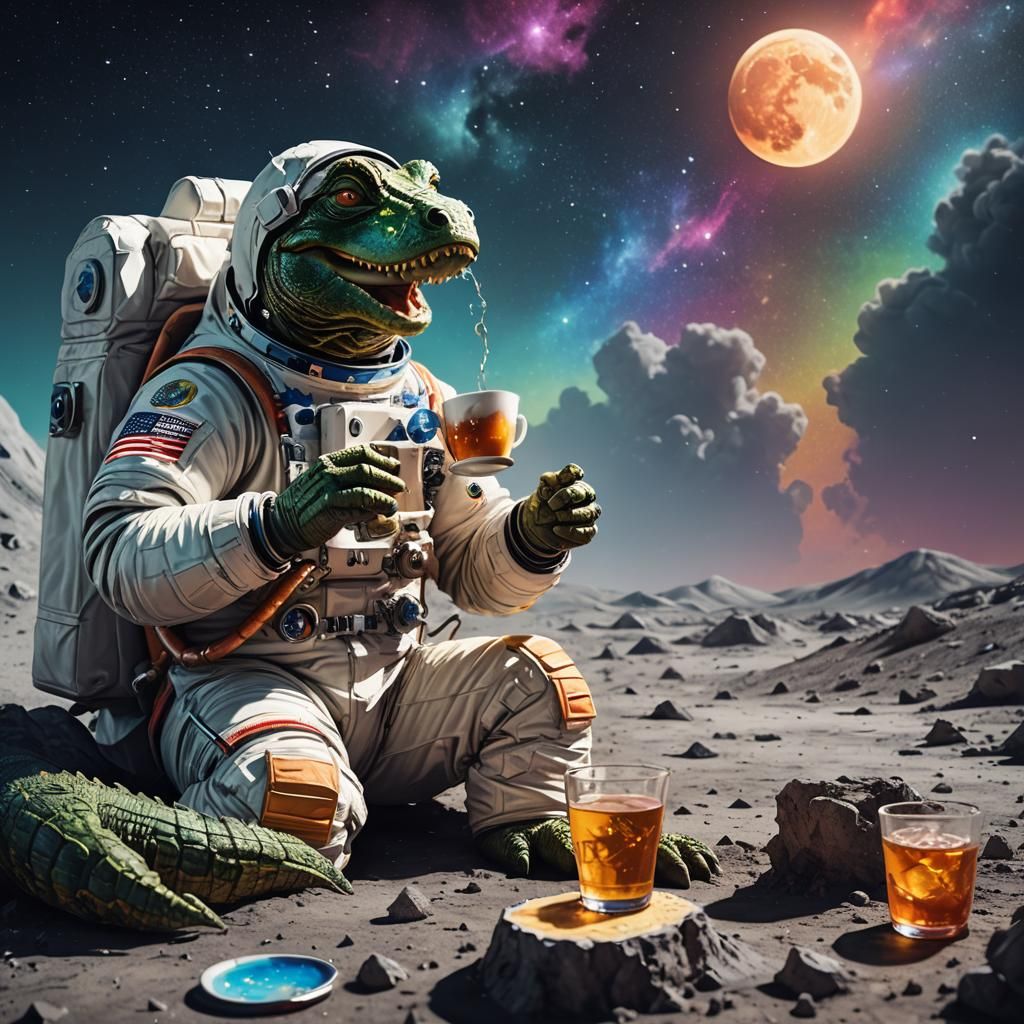Alligator Astronaut Tea Break on the Moon
