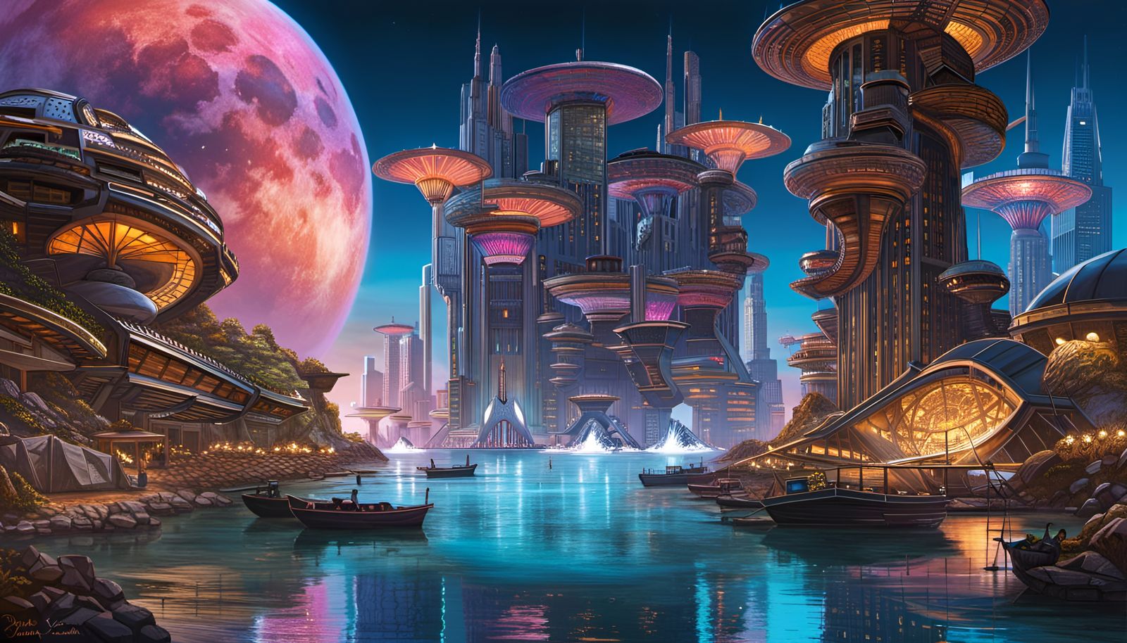 Celestialpunk Arcology on a Vibrant Shoreline