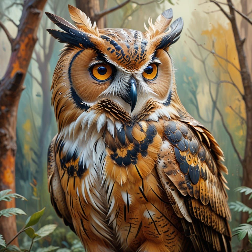 Vibrant Earth-Toned Owl in Impasto Oil Painting Style