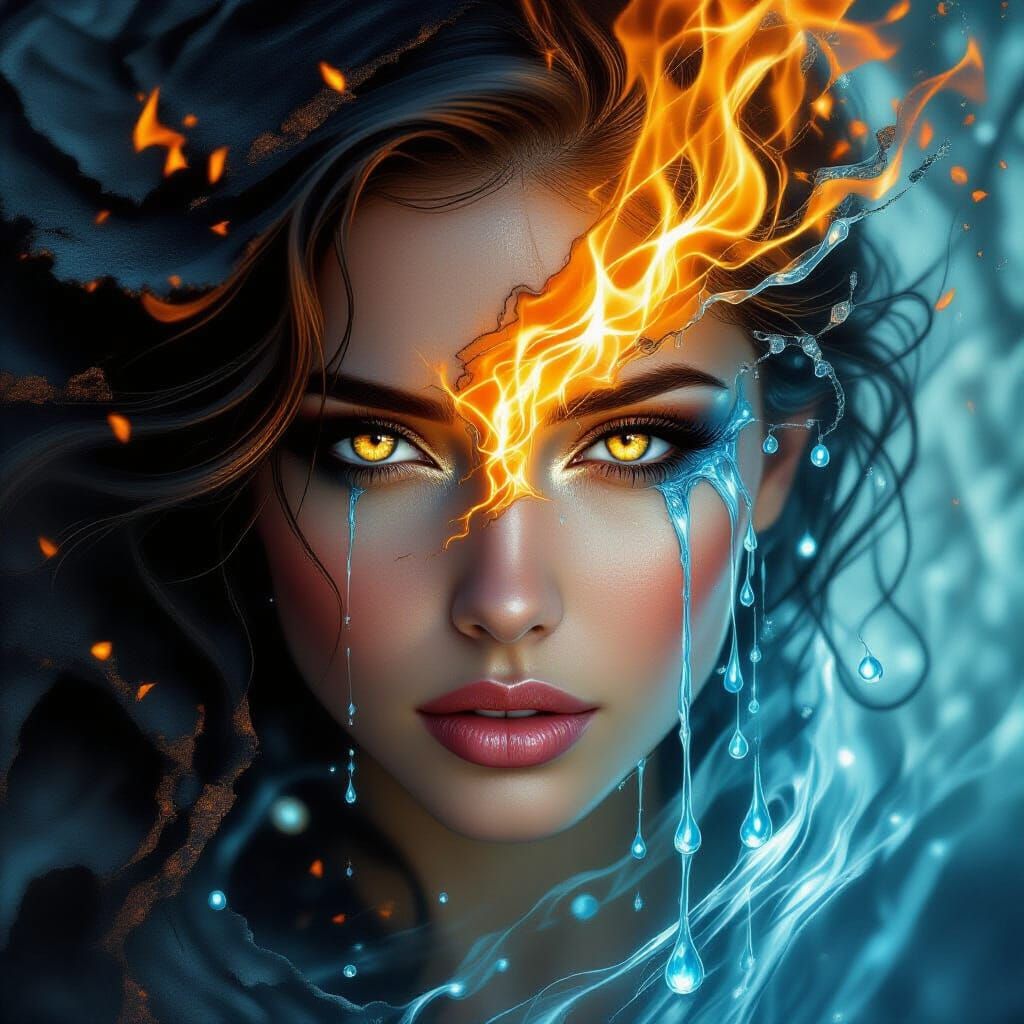 The portrait presents a woman's face, poignantly split by tw...