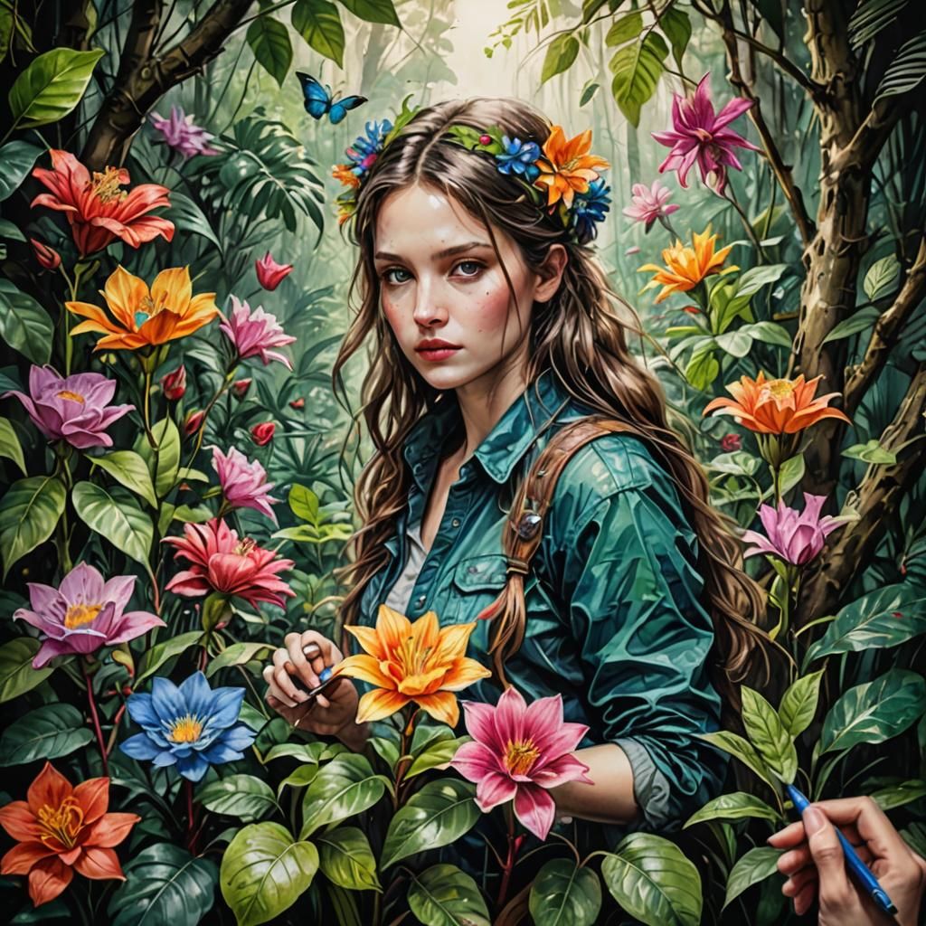 Lush Fantasy Flowers in Jungle, Color Pencil Drawing