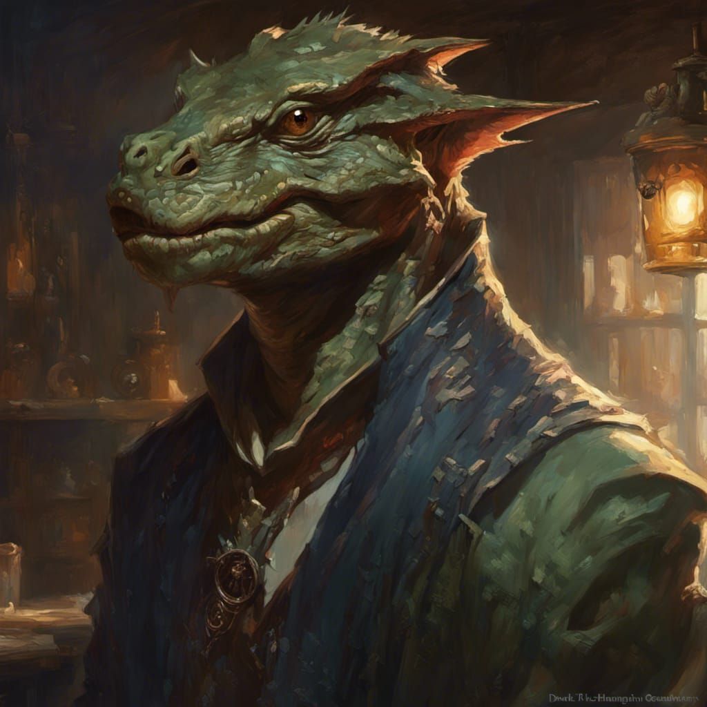 Lizardman Merchant Portrait in Dark Fantasy Style