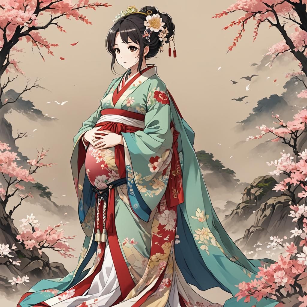 Pregnant Anime Character in Traditional Manga Style