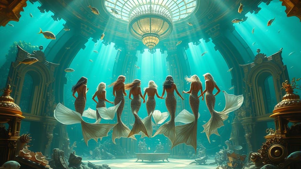 Submerged Art Deco Ballroom with Mermaids