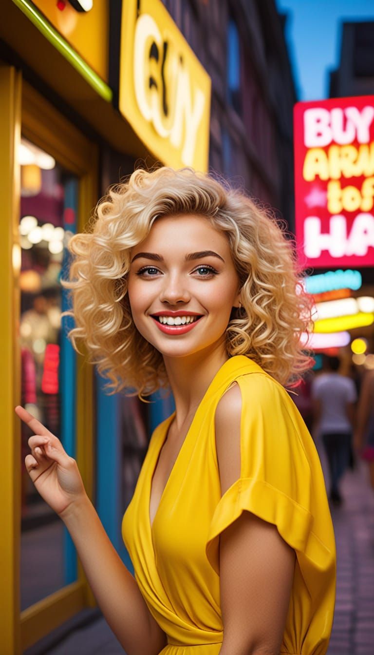 Retro Pop Art: Woman Promoting Happiness Through Shopping